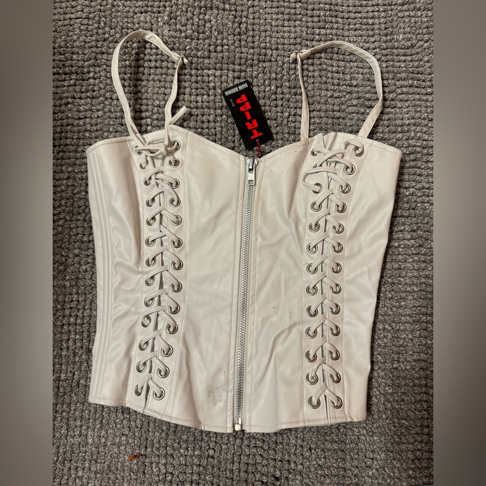 Tripp NYC  Vintage 90s White Corset pleather goth metal punk top S